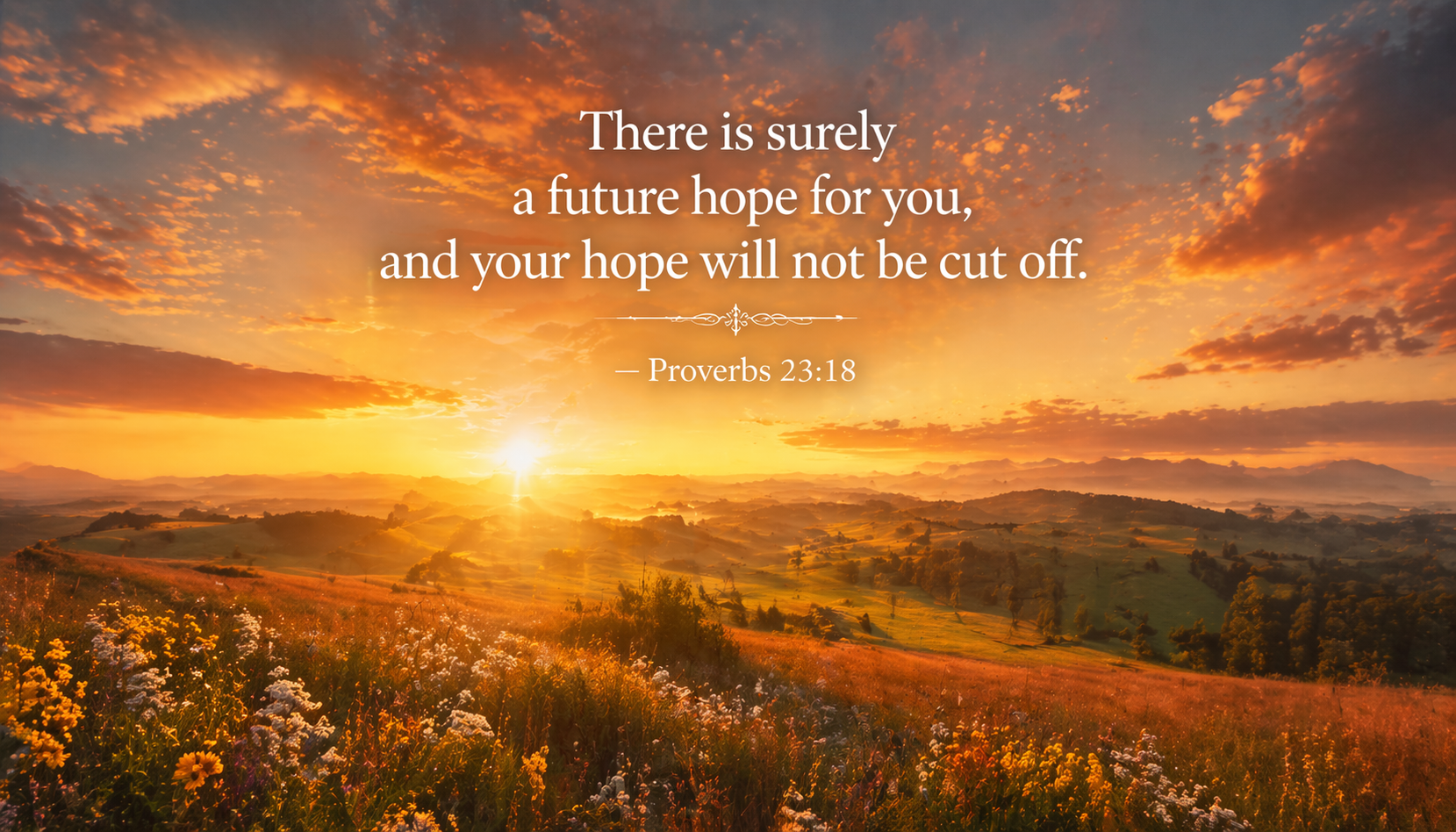 Open pastoral landscape at sunrise gentle rolling hills wildflowers warm gold amber light vast sky -- Proverbs 23:18 future hope wallpaper